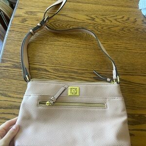 Anne Klein Blush Pebbled Leather Crossbody Bag with Gold Hardware